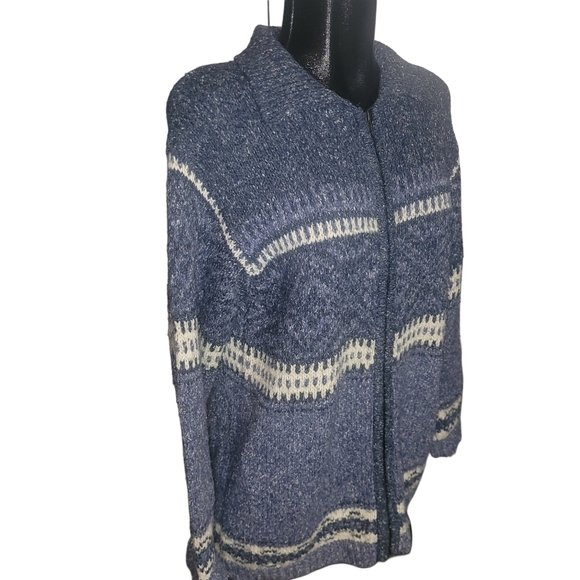 Vintage Maggie Blue and White Knit Zip Up Cardigan M - Picture 2 of 6